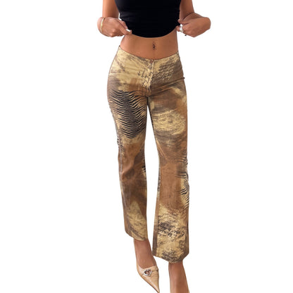 Vintage French abstract earth-tone printed stretch pants with sculpting fit (XS/S)