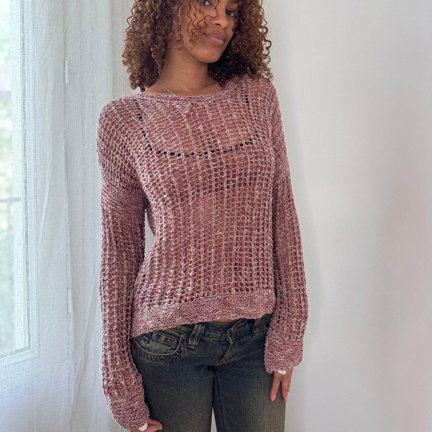 Vintage Pink Open Knit Sweater Sheer Crochet Y2K Euro Top (S/M)