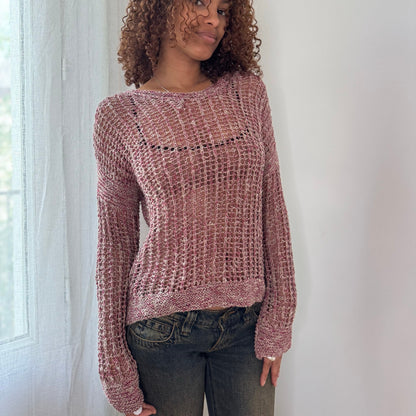Vintage Pink Open Knit Sweater Sheer Crochet Y2K Euro Top (S/M)