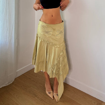 Vintage Sage Green Sequins Floral Asymmetrical Midi Skirt Y2K (S/M)