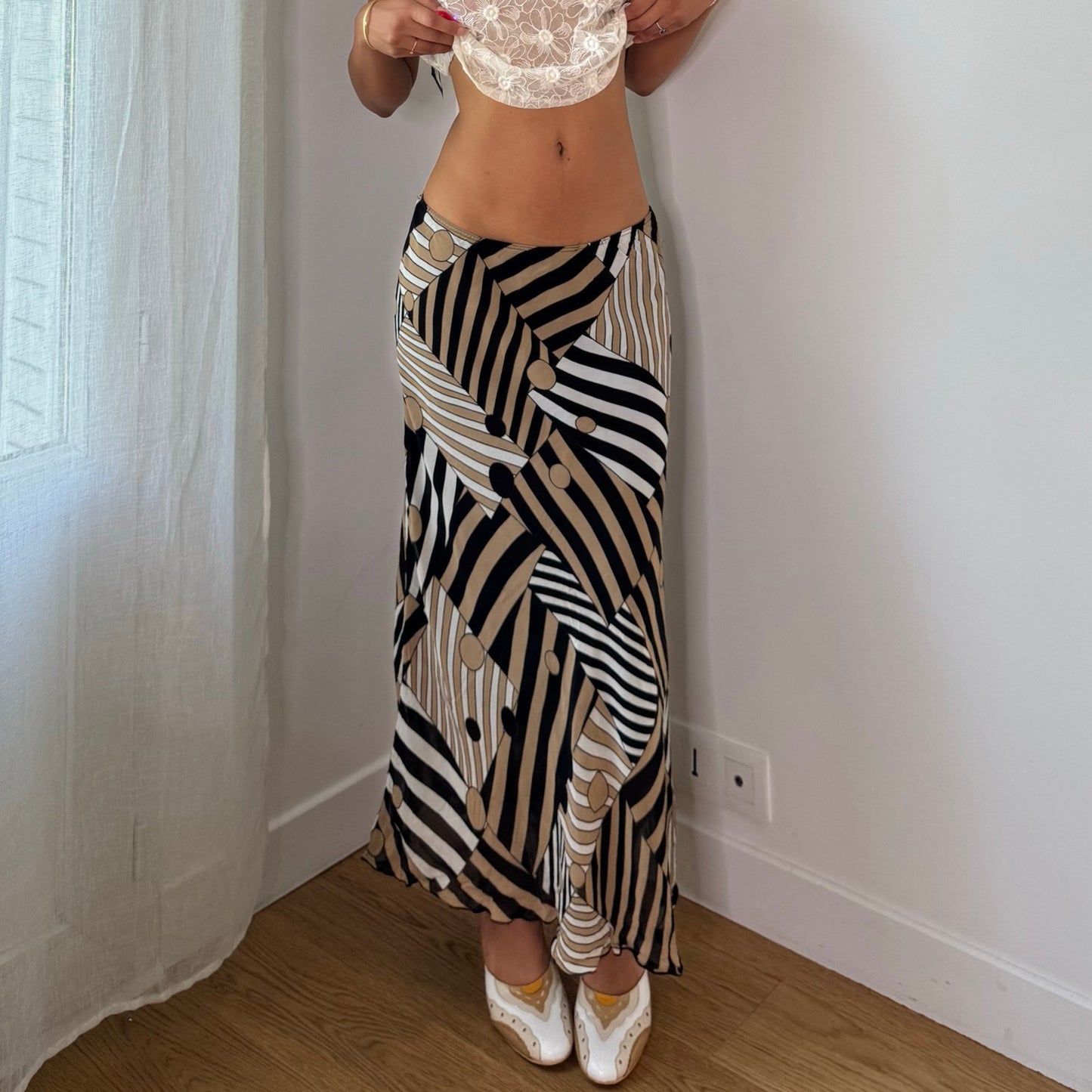 Vintage Black Beige Abstract Mesh Maxi Skirt Italian Y2K (S/M)