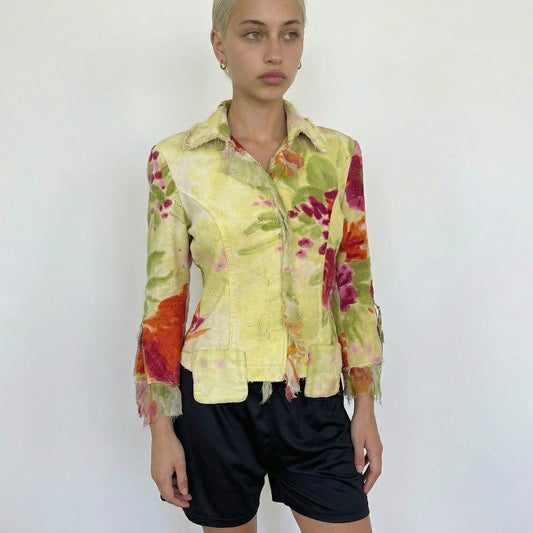Vintage Italian Designer Floral Jacket Linen Cotton Silk Mesh Insert (S)