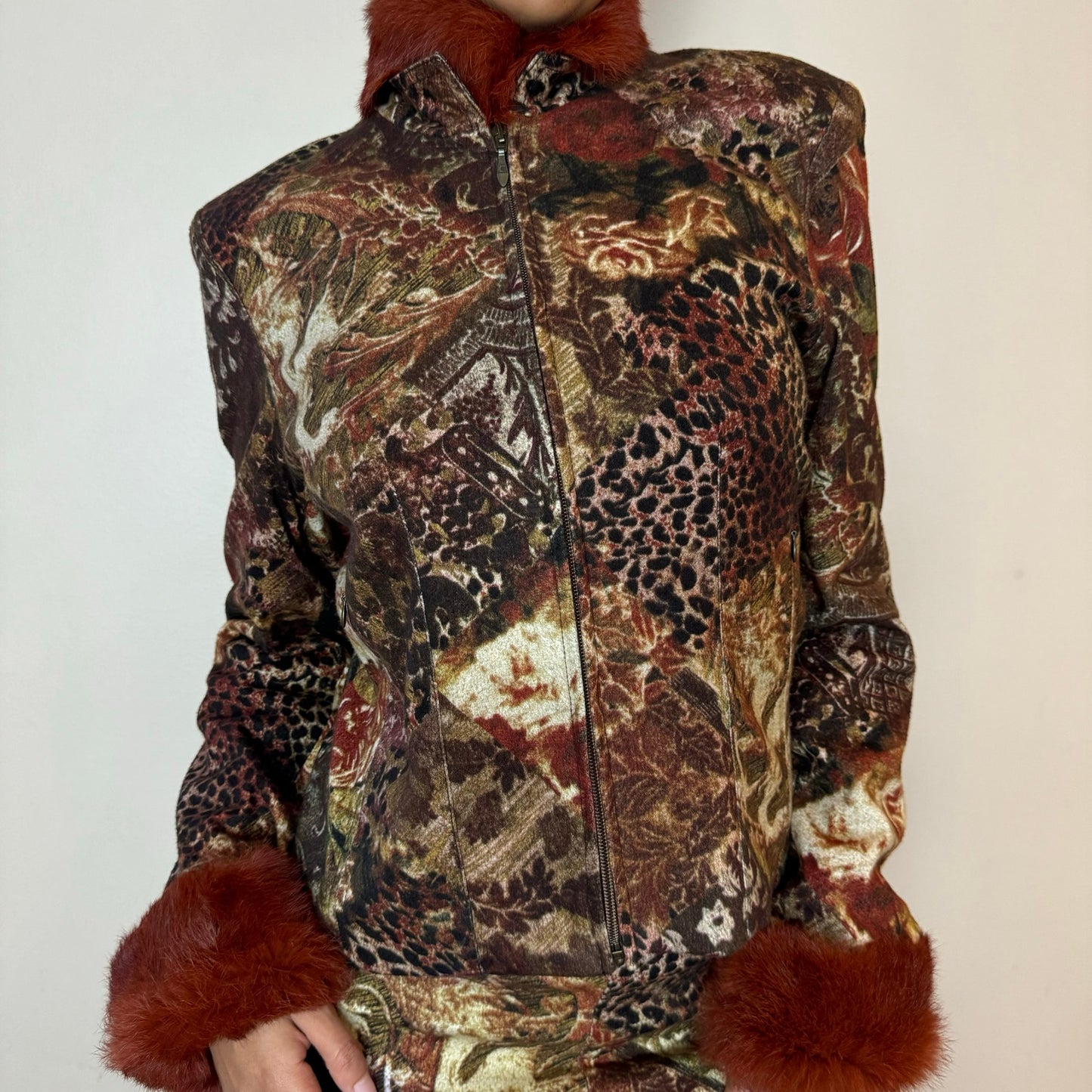 Copied - Vintage euro animal & floral prints matching pants and jacket set with fur trim