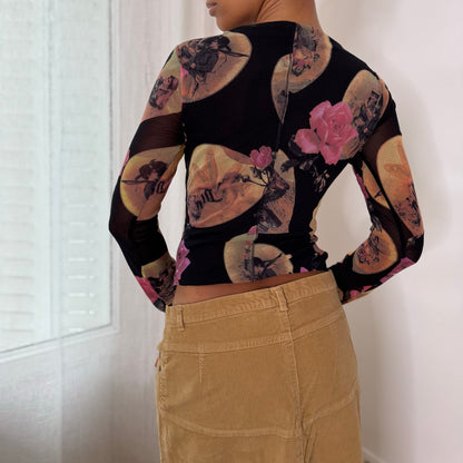 Mariella Burani Italian vintage Y2K black portrait print mesh top with Victorian medallions, pink roses & structured bust cups