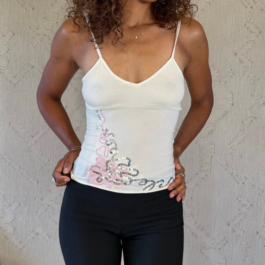 Italian vintage Y2K ivory sequin embroidered camisole top with floral design & spaghetti straps