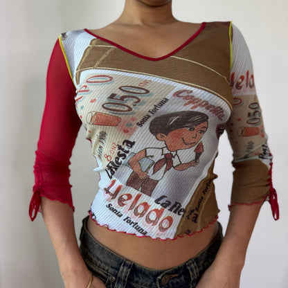 Vintage Sonia Fortuna La Fiesta Mesh Top Italian Graphic Y2K Sheer Top (S) ⠀