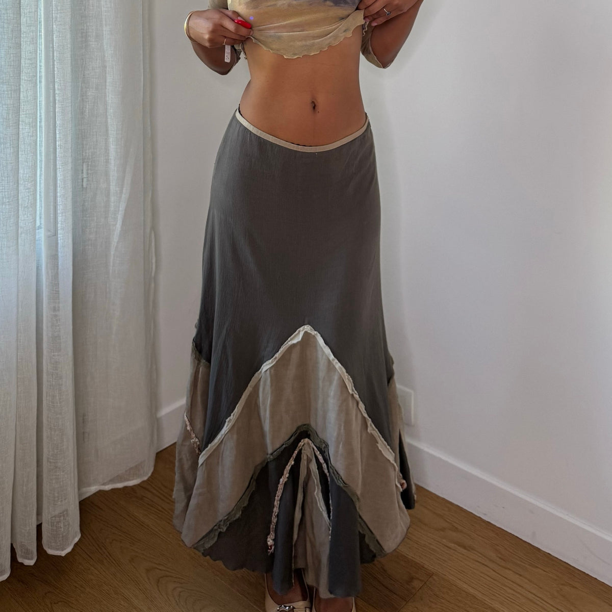 Vintage Italian Taupe Panelled Maxi Skirt (S)