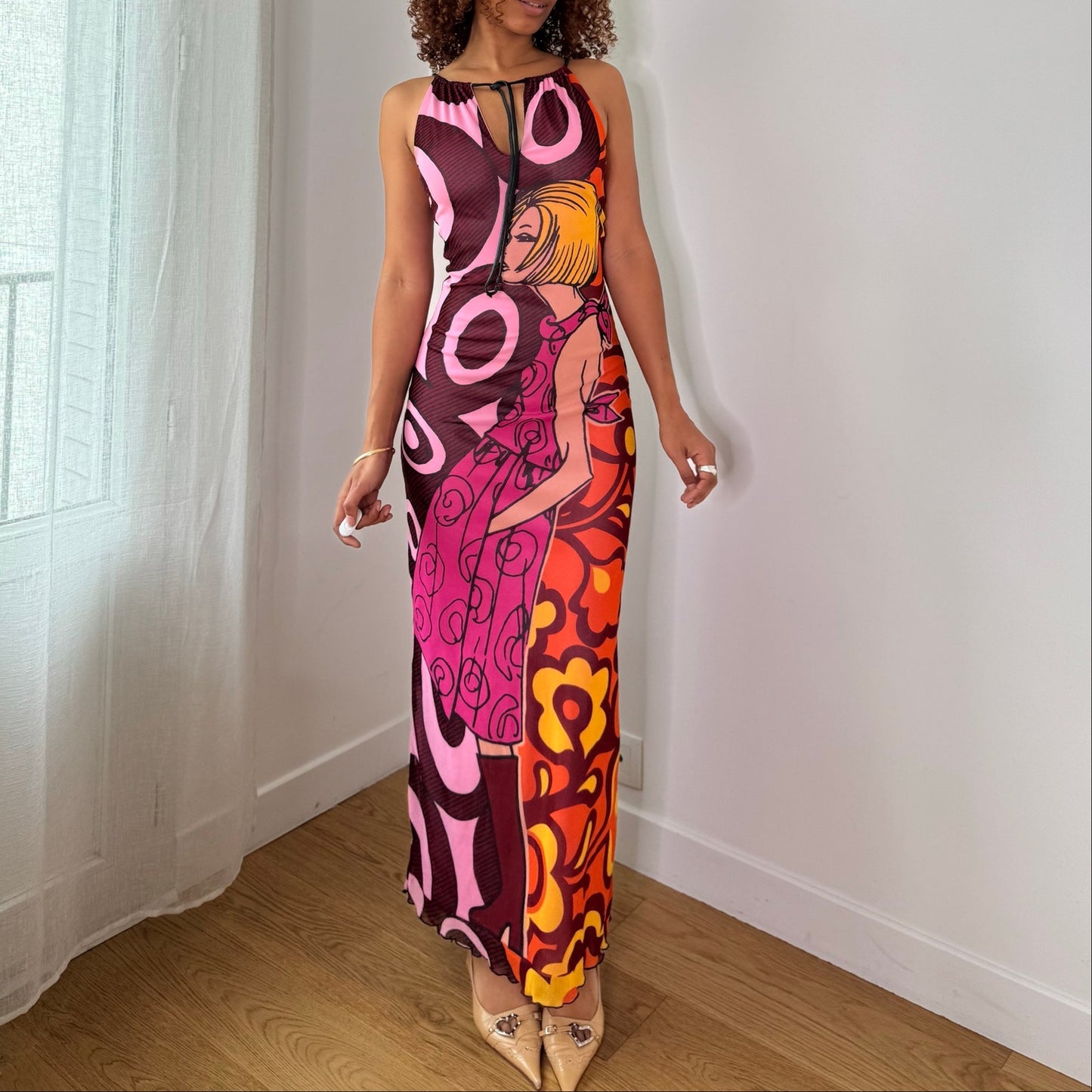 Vintage Morgan Pop Art Mesh Maxi Dress Made in France Y2K (S)