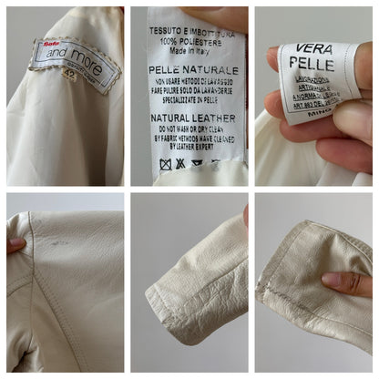 Vintage Euro ivory leather moto zip jacket with buckle collar (Small)