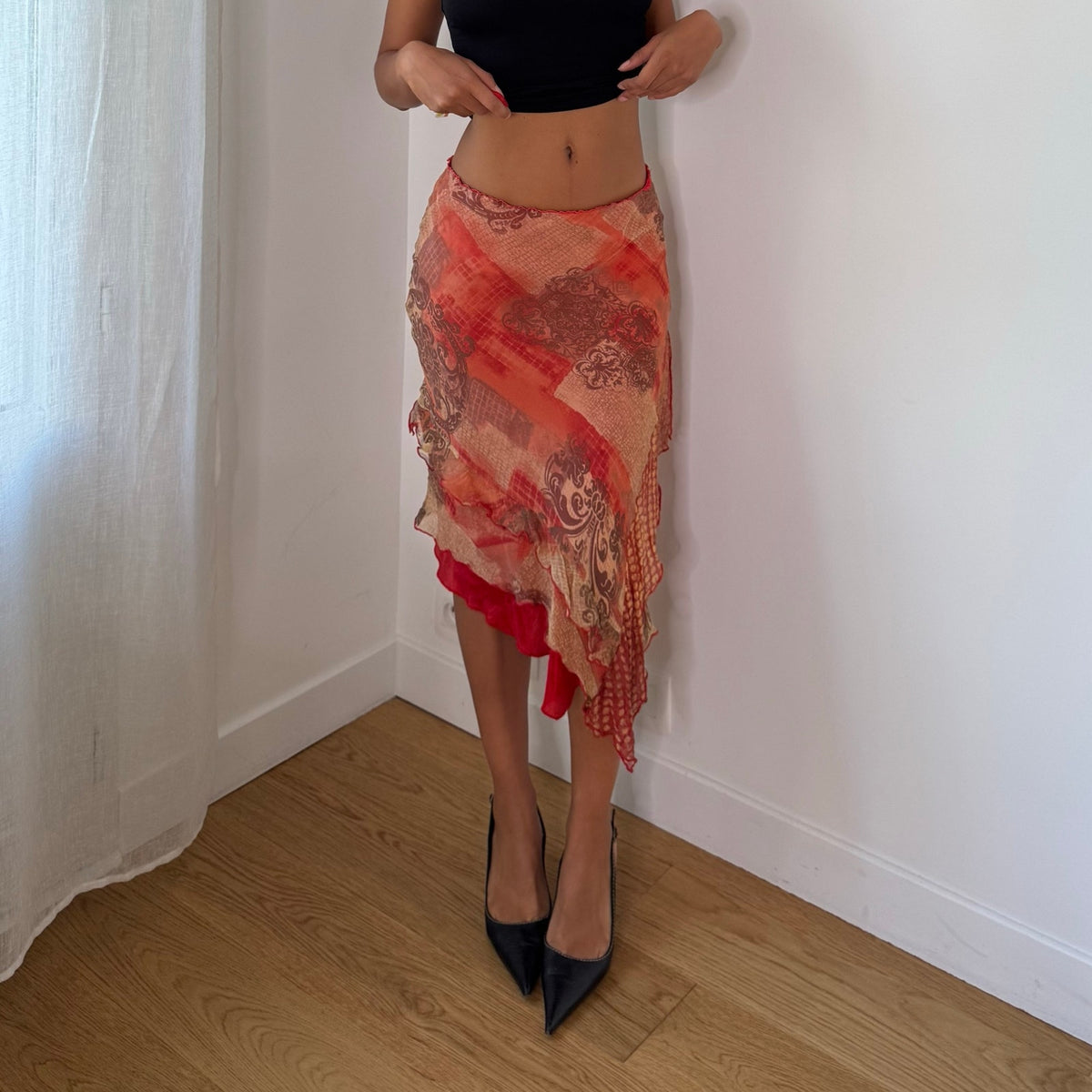 Italian Vintage Silk Mesh Asymmetric Skirt