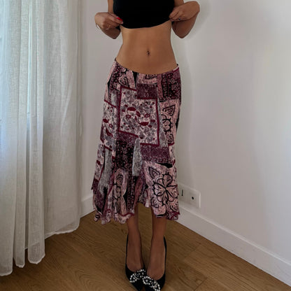 Vintage Pink Burgundy Patchwork Mesh Midi Skirt (S)