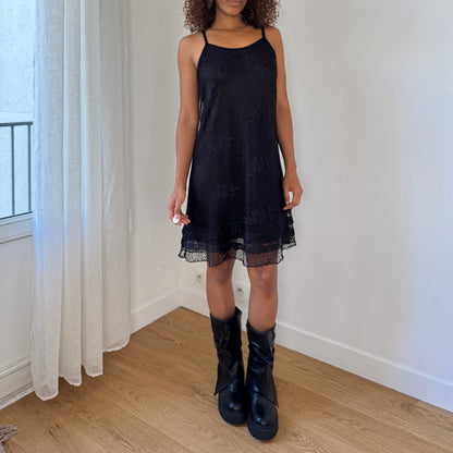 Vintage European Black Lace Slip Dress with Scalloped Hem (S/M)