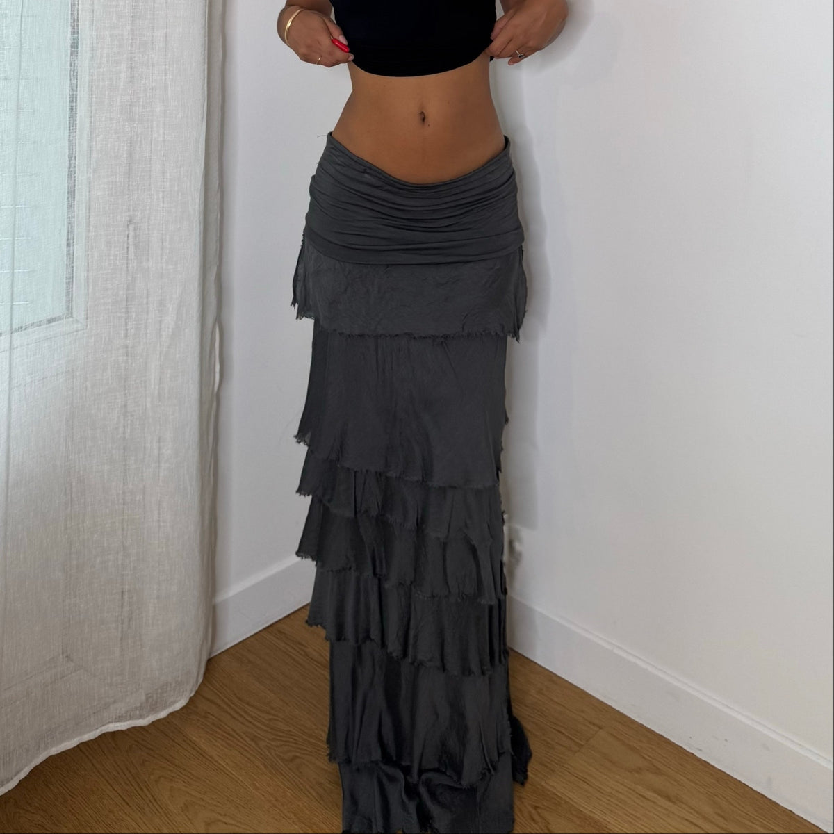 Italian vintage Y2K charcoal grey tiered maxi skirt with silk mesh ruffles and ruched waist