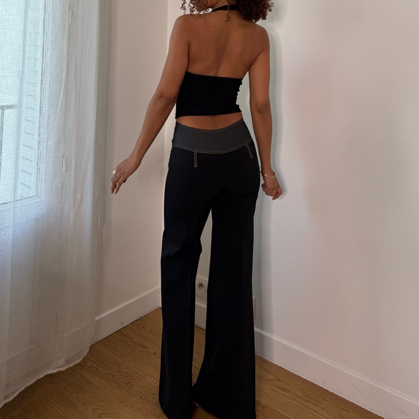 Vintage Celyn B Black Low Rise Wide Leg Pants Denim Waist Italian Y2K (XS)