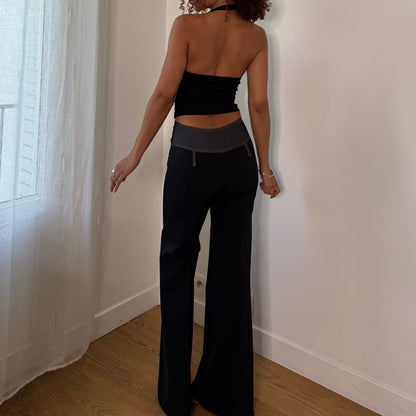 Vintage Celyn B Black Low Rise Wide Leg Pants Denim Waist Italian Y2K (XS)