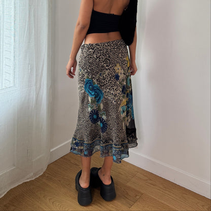 Vintage Blue Rose Floral Mesh Midi Skirt Sheer Layered Y2K Skirt (S) ⠀