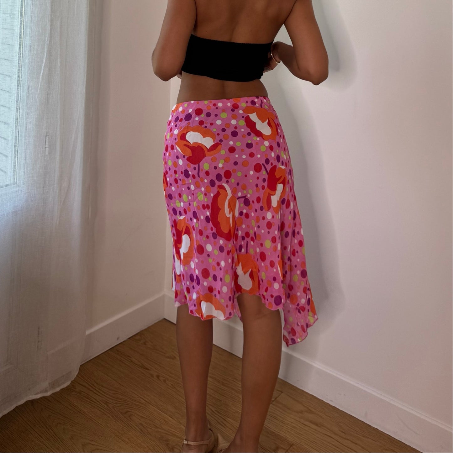Vintage Pink Abstract Mesh Asymmetrical Midi Skirt Italian Y2K (S)