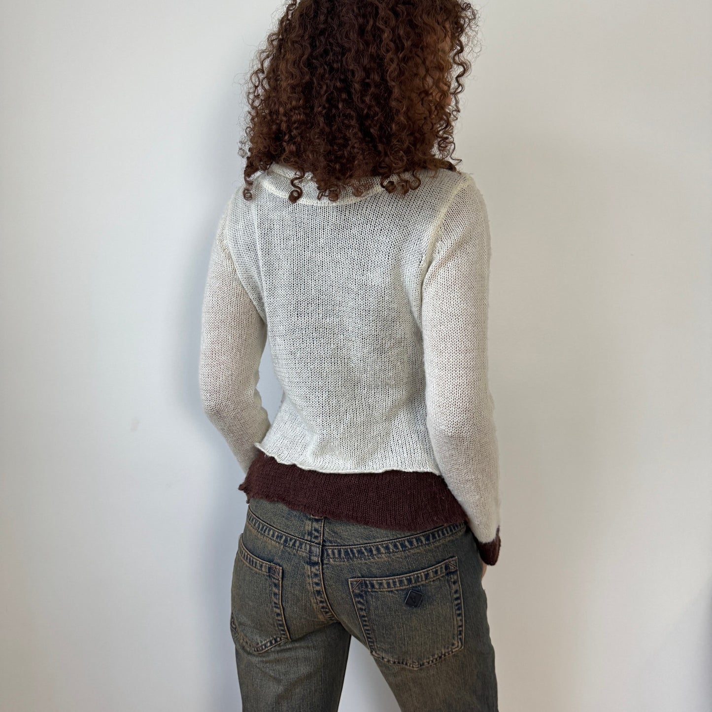 Vintage Italian layered knit sweater with contrast brown trim and cowl neckline (S)