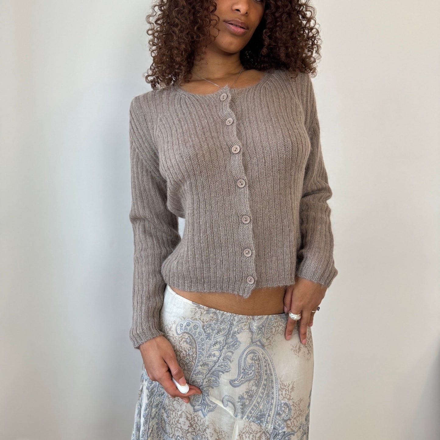 Italian Vintage taupe ribbed mohair-blend knit button-front cardigan (Medium)