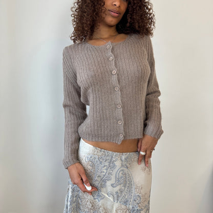 Italian Vintage taupe ribbed mohair-blend knit button-front cardigan (Medium)