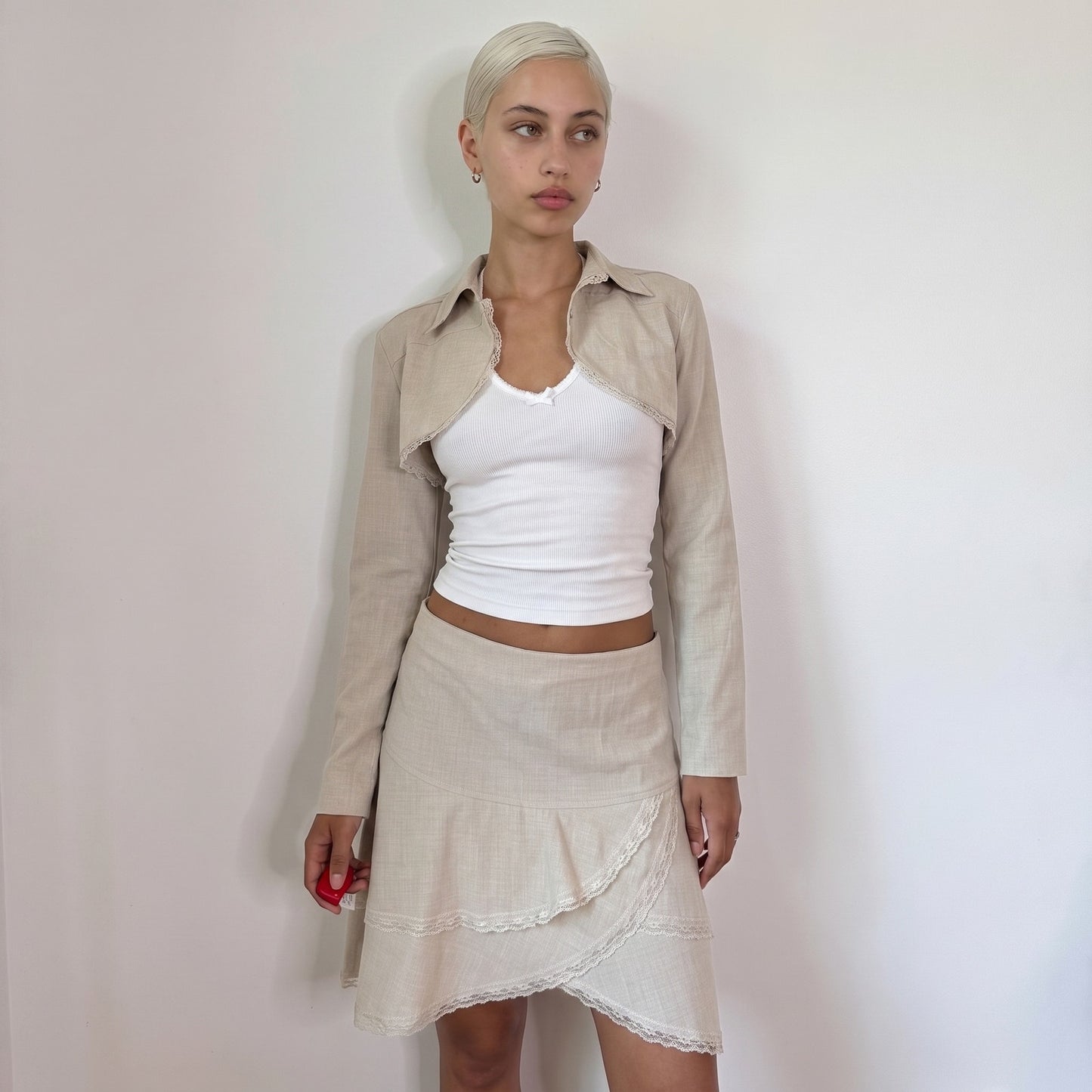 Vintage Cream Bolero & Lace Mini Skirt Set French Y2K Coquette (S)