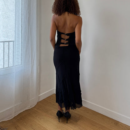 Italian Vintage black wool-appliqué flounce midi skirt (S)