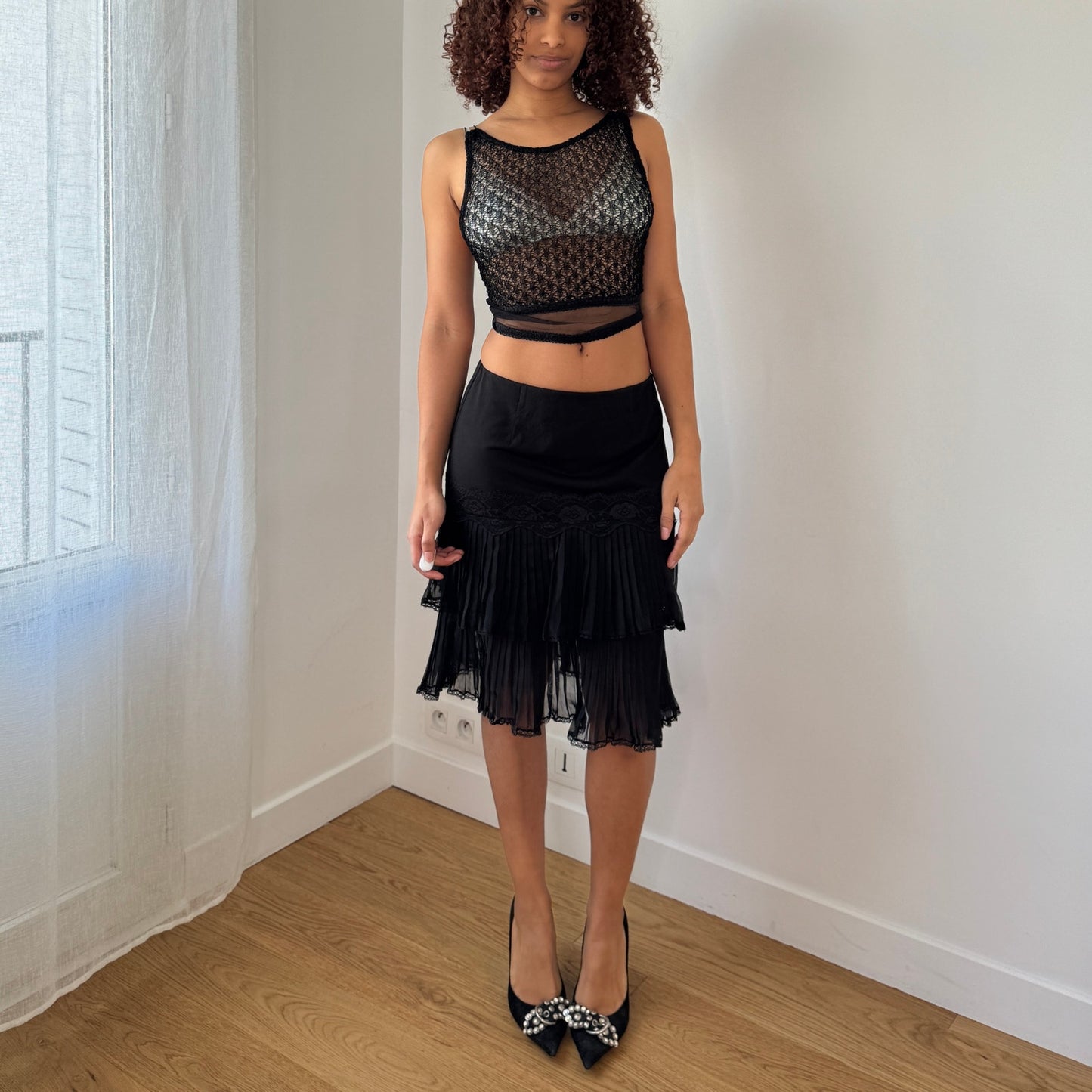 Vintage Love Sex Money Black Lace Tie Back Top Sheer Mesh (S)