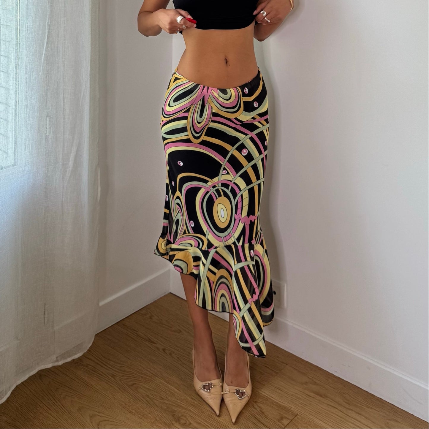 Vintage Black Pink Green Yellow Abstract Mesh Midi Skirt Euro Y2K (M)