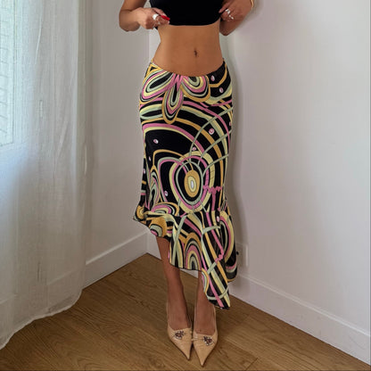 Vintage Black Pink Green Yellow Abstract Mesh Midi Skirt Euro Y2K (M)