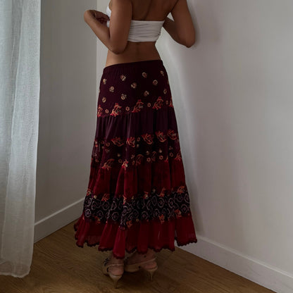 Vintage Burgundy Embroidered Tiered Maxi Skirt Italian Y2K (S/M)