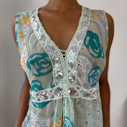 Vintage Italian Sequin-Lace Mesh Tie-Front Top (M/L)