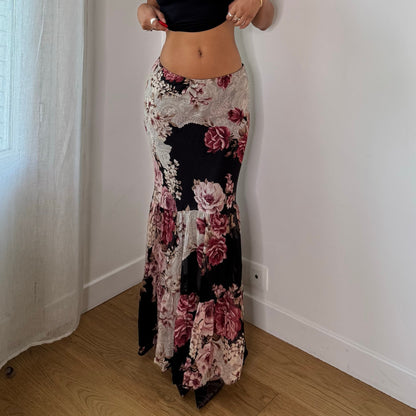 Vintage Black Dusty Pink Burgundy Rose Floral Mesh Maxi Skirt Euro Y2K (S)