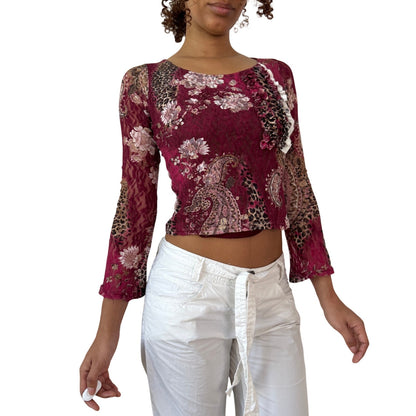 Vintage Burgundy Floral Cheetah Lace Top Ruffle Trim Long Sleeve Y2K French (S)