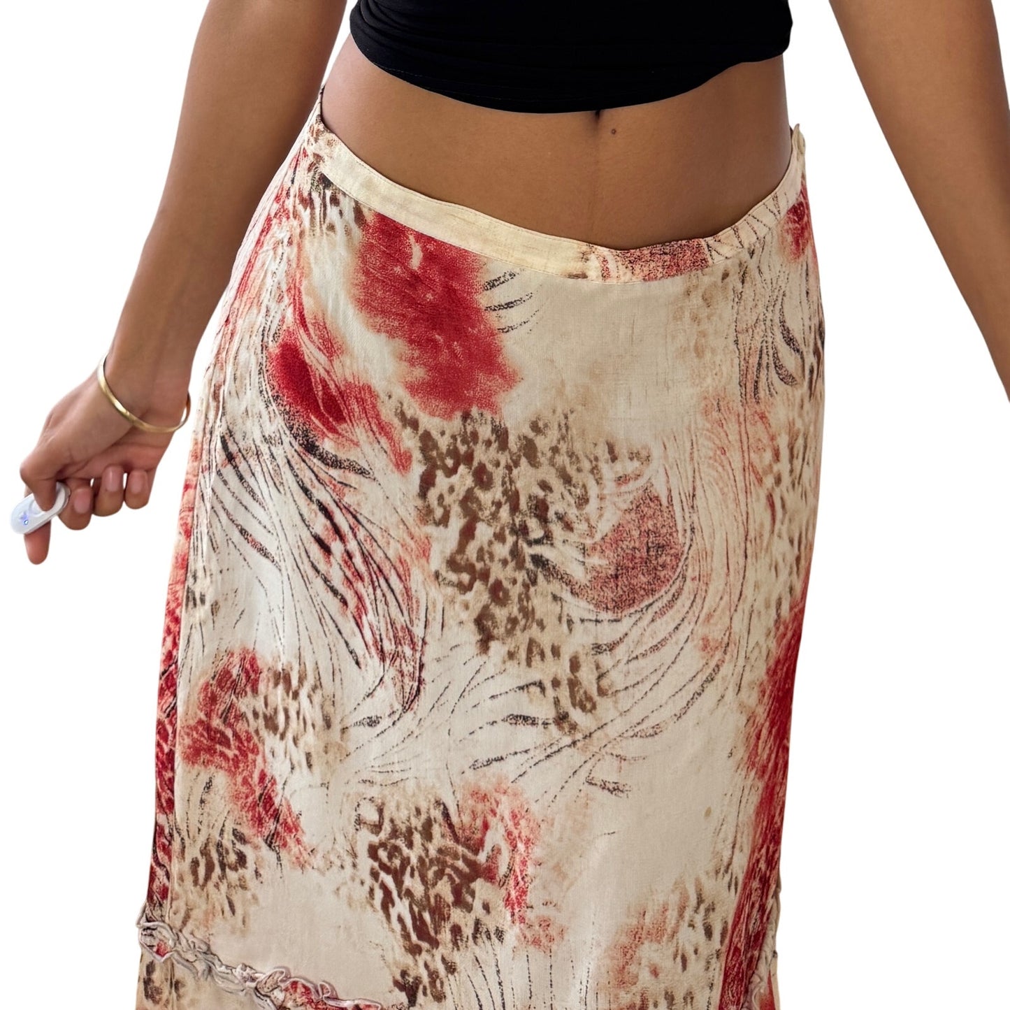 Vintage cheetah & abstract floral satin-mesh midi skirt with tiered hem (Small)