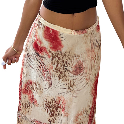 Vintage cheetah & abstract floral satin-mesh midi skirt with tiered hem (Small)