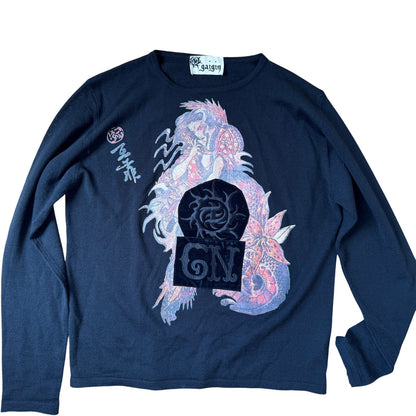 Vintage Knit Long Sleeve Top with Women Dragon Graphic (One Size)