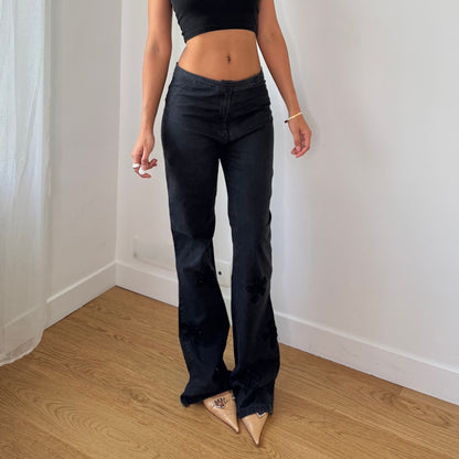 Vintage Black Denim Bootcut Jeans Floral Embroidered Roccobarocco Italy Y2K (S)