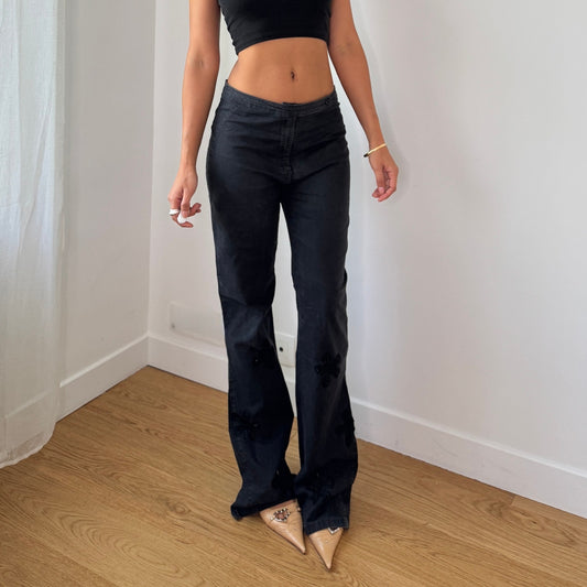 Vintage Black Denim Bootcut Jeans Floral Embroidered Roccobarocco Italy Y2K (S)