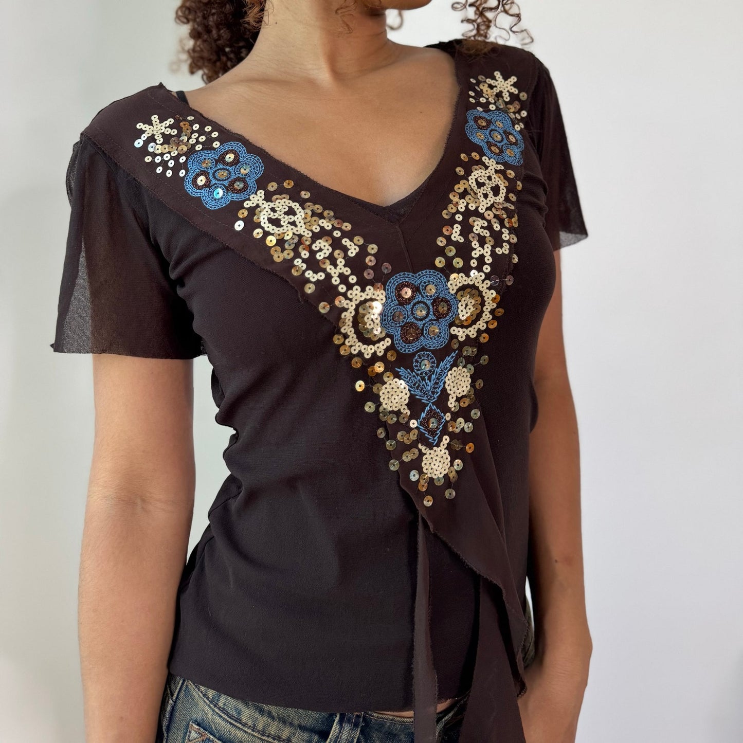 Vintage Annarita N Brown Sequin Embroidered Open Back Top Italian Y2K (S)
