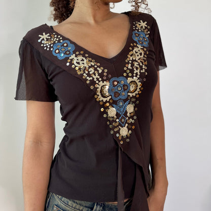 Vintage Annarita N Brown Sequin Embroidered Open Back Top Italian Y2K (S)