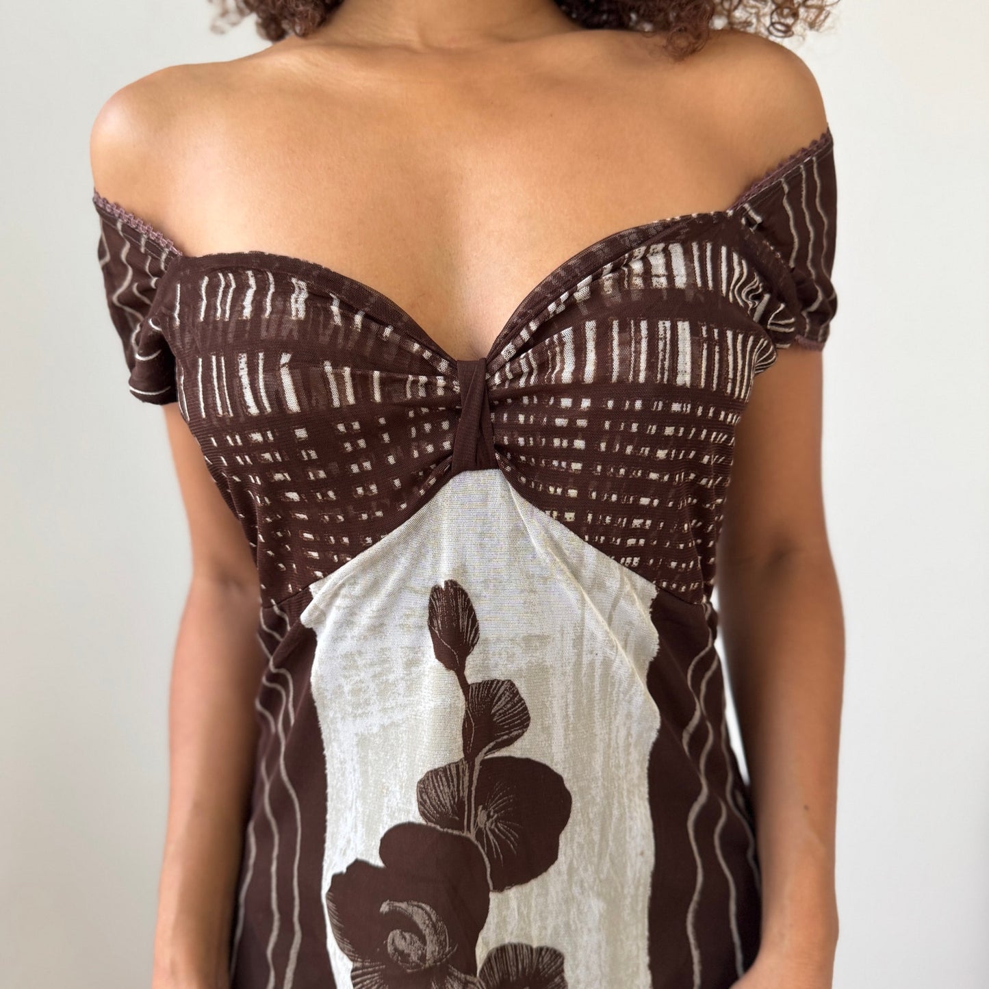 Vintage Italian brown & cream off-shoulder midi dress (S/M)