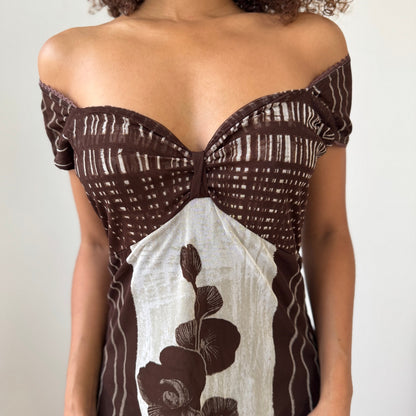 Vintage Italian brown & cream off-shoulder midi dress (S/M)