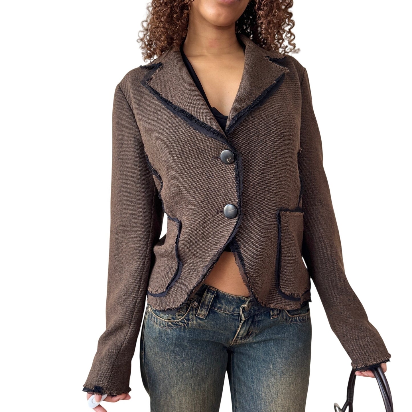 Vintage Italian Brown Tailored Jacket Raw Edge Trim Fitted Blazer (S/M)