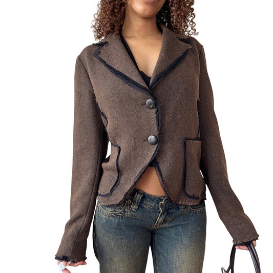 Vintage Italian Brown Tailored Jacket Raw Edge Trim Fitted Blazer (S/M)