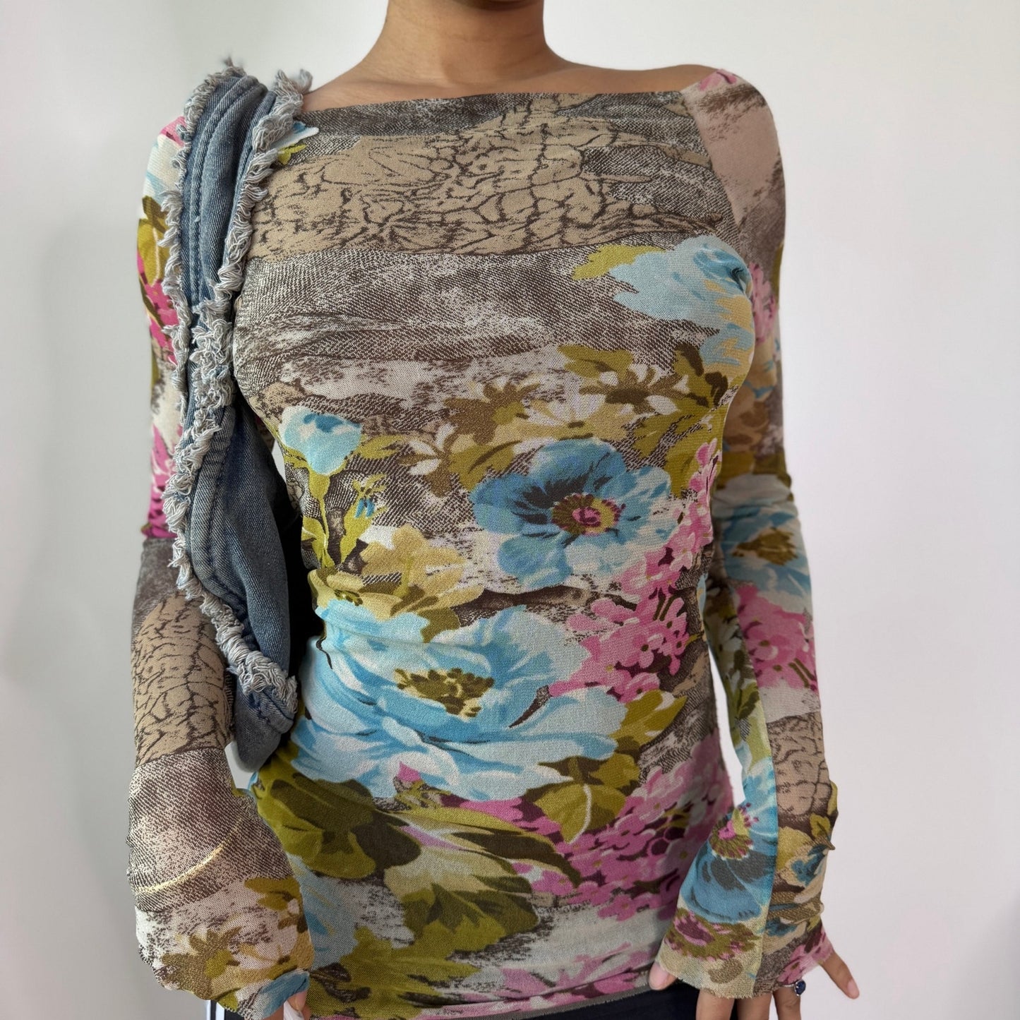 Vintage Blue Pink Floral Mesh Top Layered Sheer Y2K Euro Top (S) ⠀