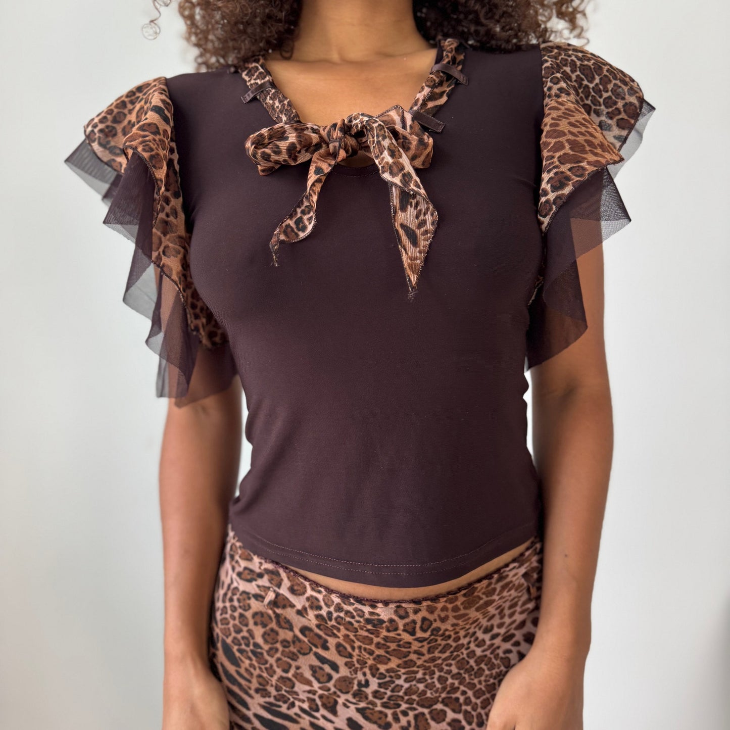 Vintage Leopard Mesh Two-Piece Set – Ruffle Skirt & Flutter-Sleeve Top (S/M)