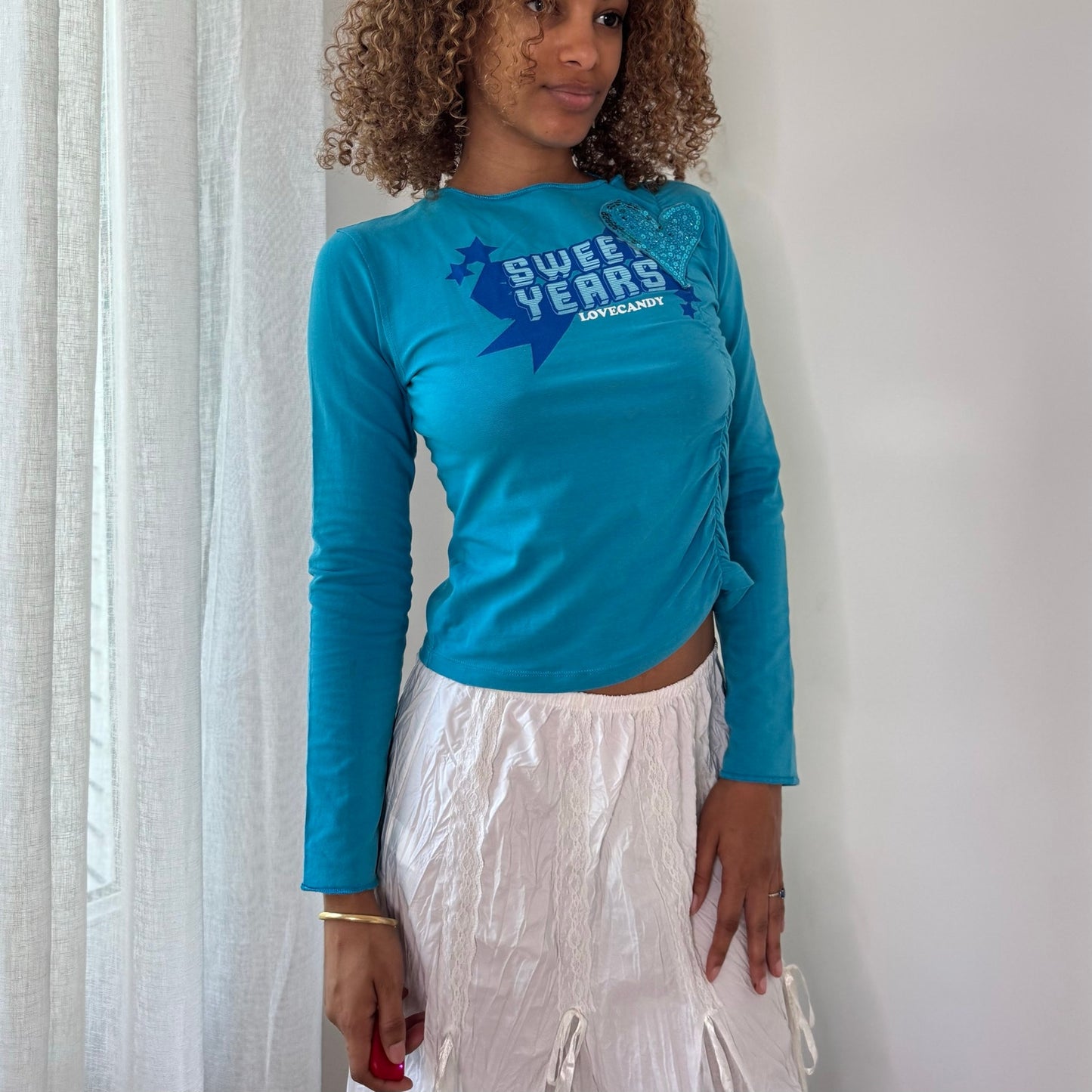 Vintage Turquoise Graphic Long Sleeve Top Glitter Heart Y2K (S)