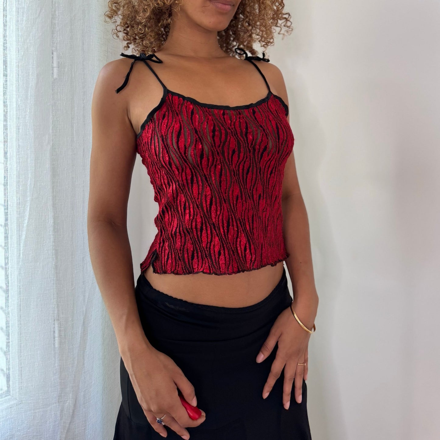Vintage Red & Black Textured Cami Top Tie Strap Italian Y2K (S)