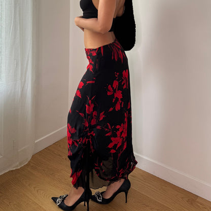 Vintage Black Red Floral Mesh Midi Skirt Ruched Italian Y2K Skirt (S) ⠀