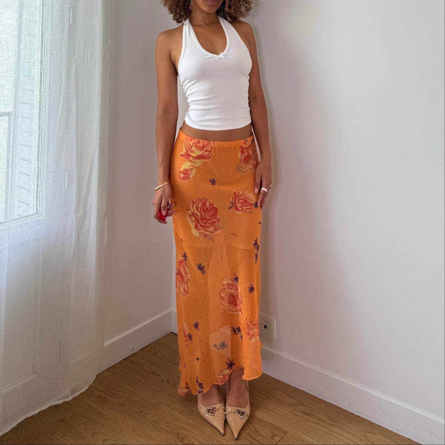 Vintage Orange Floral Mesh Maxi Skirt Sheer Double Layer Italian Y2K (S)